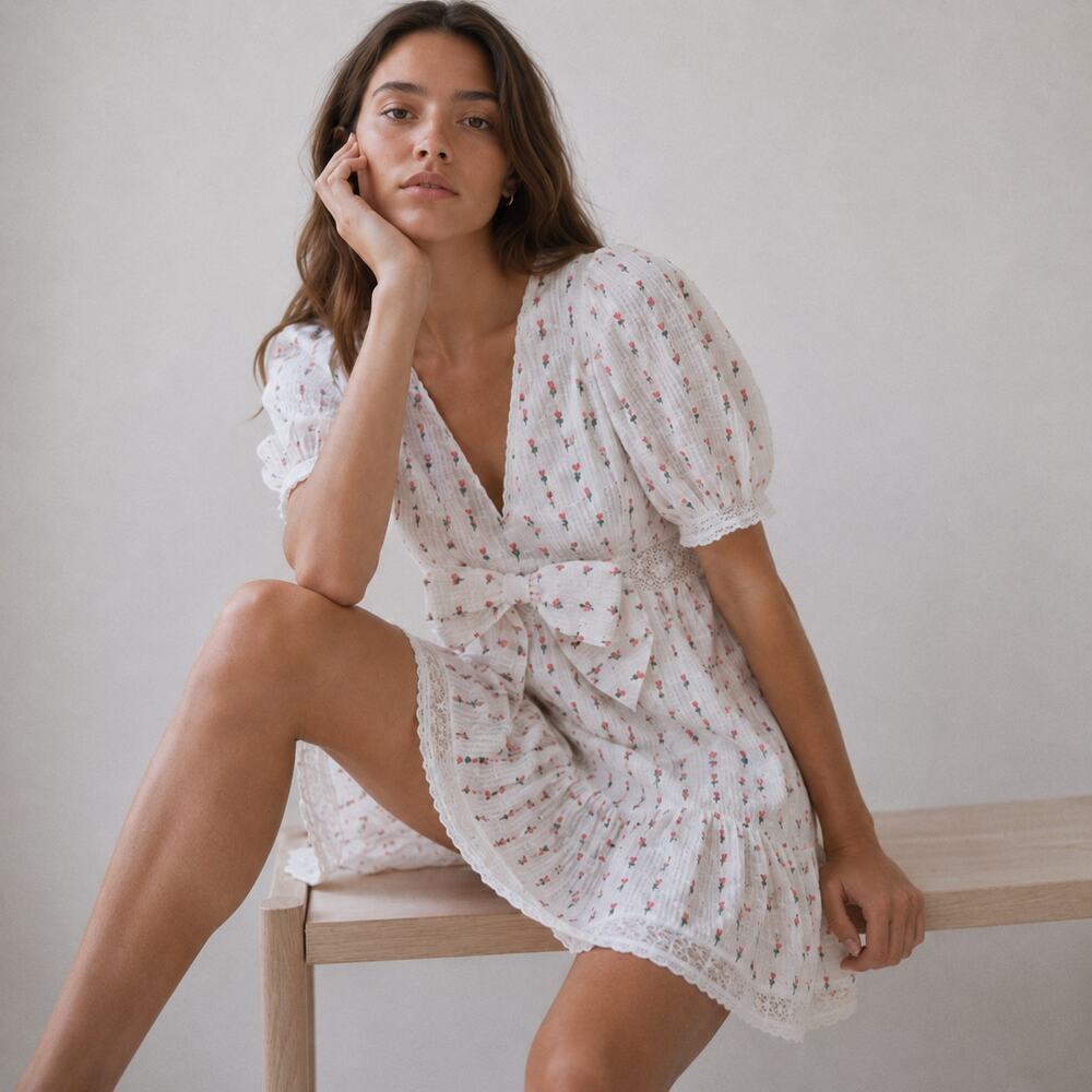 LoveShackFancy Lena Mini Dress Womens L White Floral Embroidered Bow V-neck